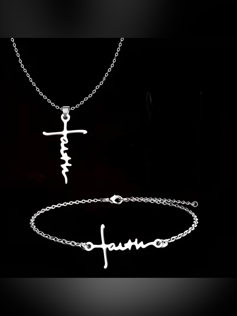 Silver Script Cross Pendant Necklace and Bracelet Set